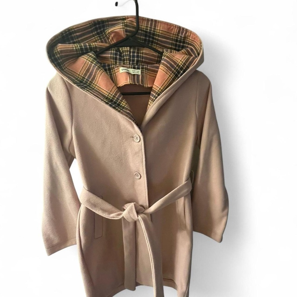 SHEIN Pink Pea Coat with Plaid Hood​